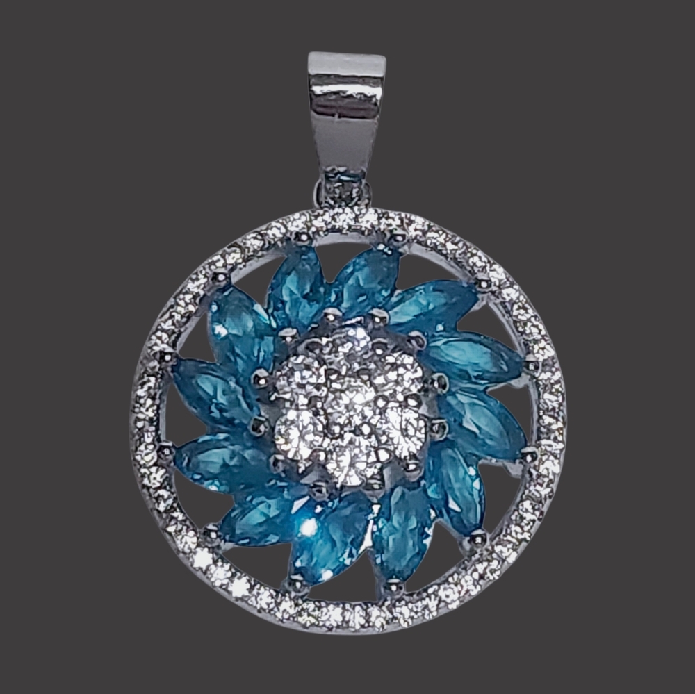 Swiss Blue Topaz Medallion Sterling Silver Pendant 1.25" NEW